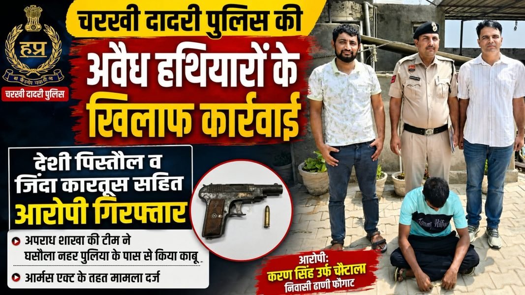 Charkhi Dadri News – देशी पिस्तौल व जिंदा कारतूस सहित आरोपी गिरफ्तार, आर्म्स एक्ट के तहत मामला दर्ज Charkhi Dadri News