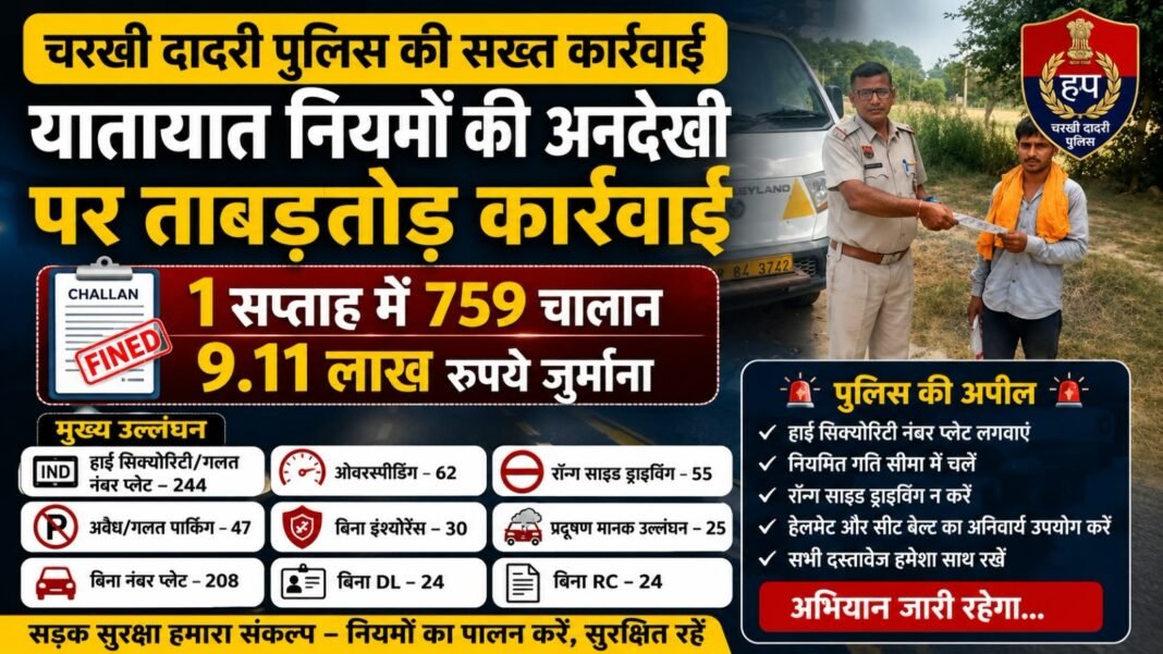 Charkhi Dadri News – चरखी दादरी पुलिस की सख्ती: एक सप्ताह में 759 चालान, 9.11 लाख रुपये का जुर्माना Charkhi dadri