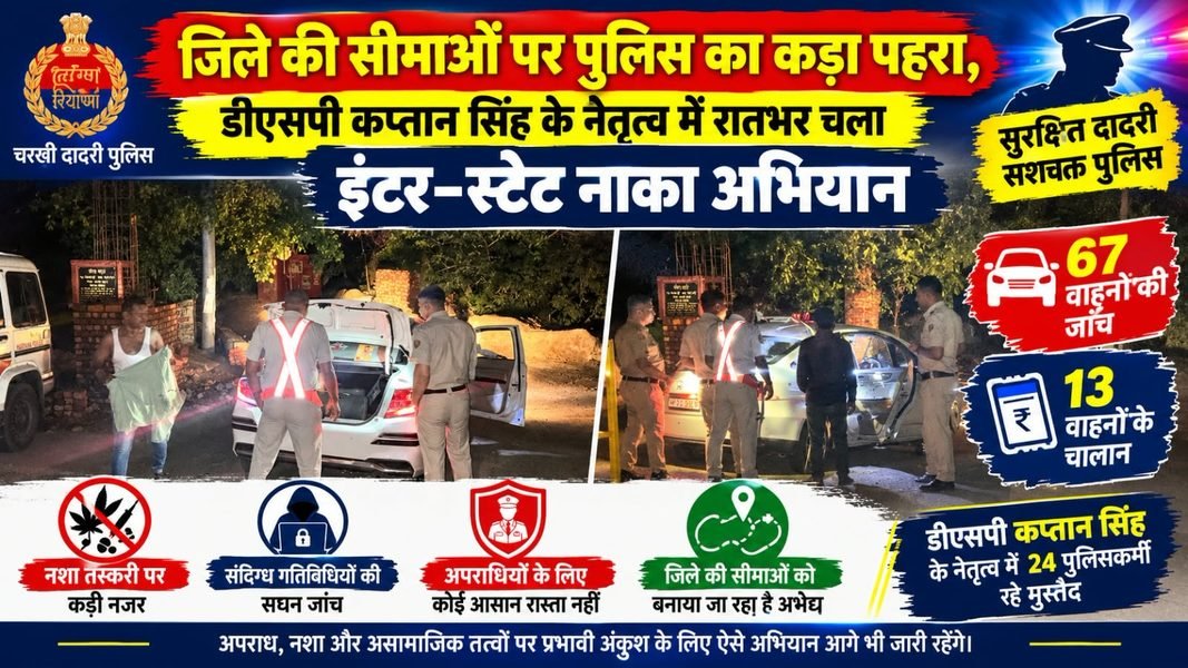 Charkhi Dadri News – चरखी दादरी की सीमाओं पर रातभर पुलिस का कड़ा पहरा, 67 वाहनों की जांच, 13 के चालान Charkhi dadri