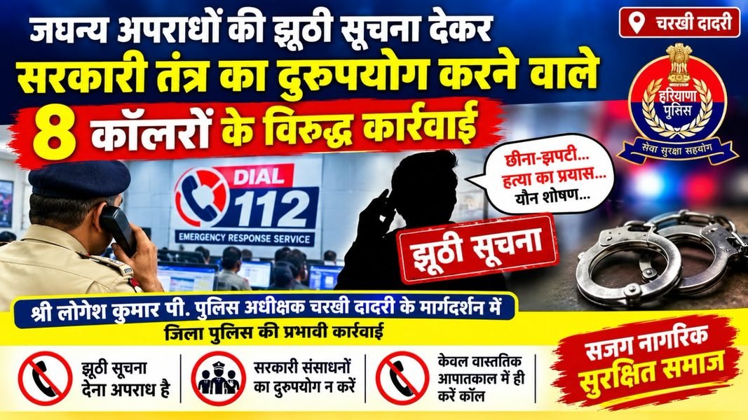 Charkhi Dadri News – चरखी दादरी पुलिस की कार्रवाई गंभीर अपराधों की झूठी सूचना देने वाले 8 कॉलरों पर केस, BNS की धारा 217 के तहत कार्रवाई Charkhi Dadri