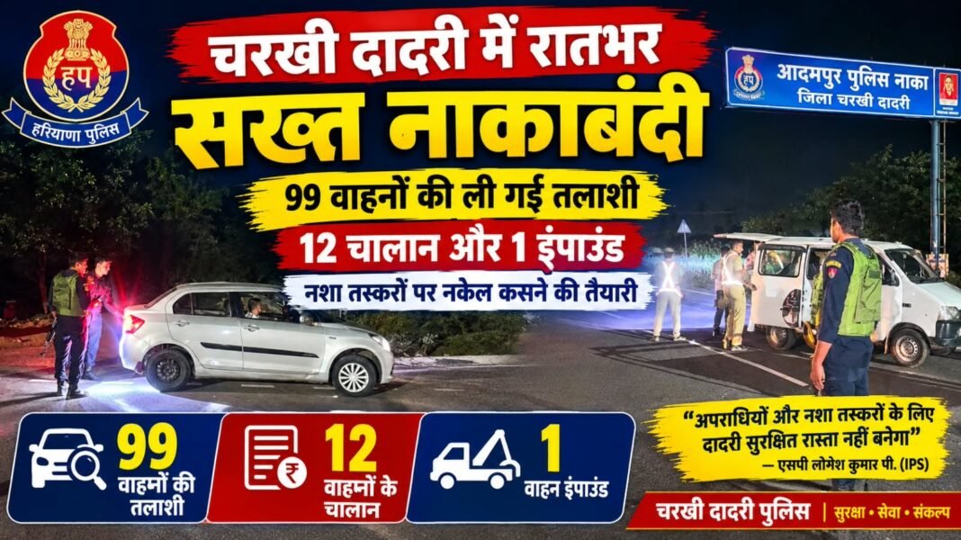Charkhi Dadri News – चरखी दादरी में रातभर सख्त नाकाबंदी, 99 वाहनों की तलाशी, 12 चालान और 1 इंपाउंड Charkhi Dadri News