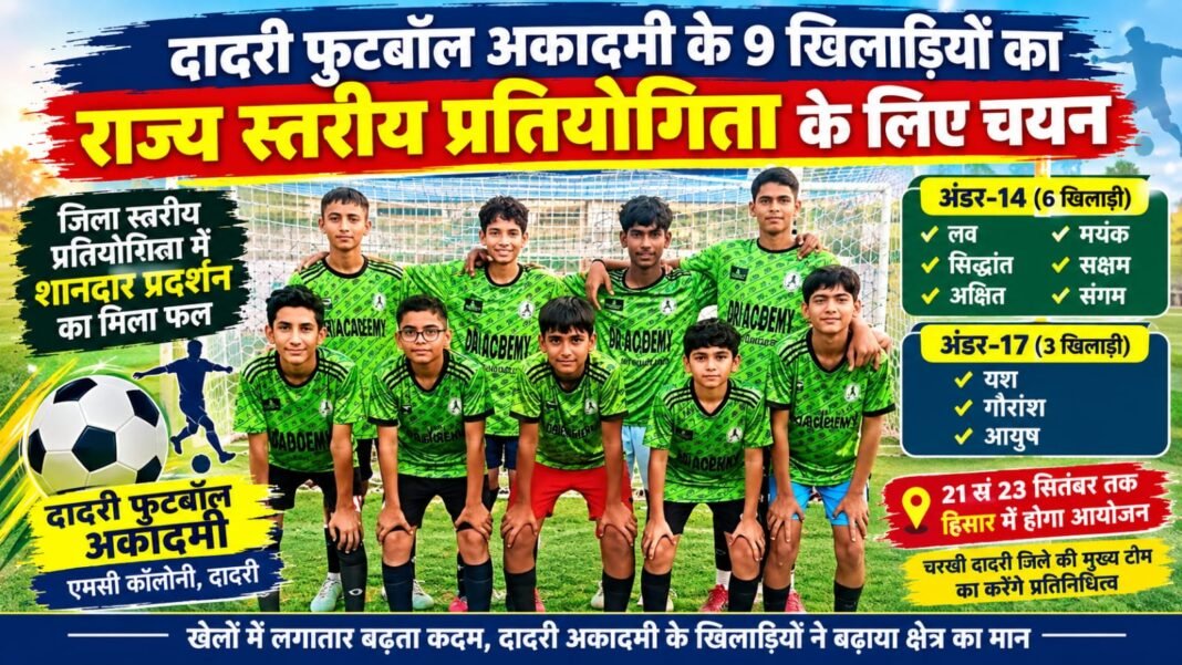 Charkhi Dadri News – दादरी फुटबॉल अकादमी के 9 खिलाड़ियों का राज्य स्तरीय स्कूली खेल प्रतियोगिता के लिए चयन Charkhi Dadri News