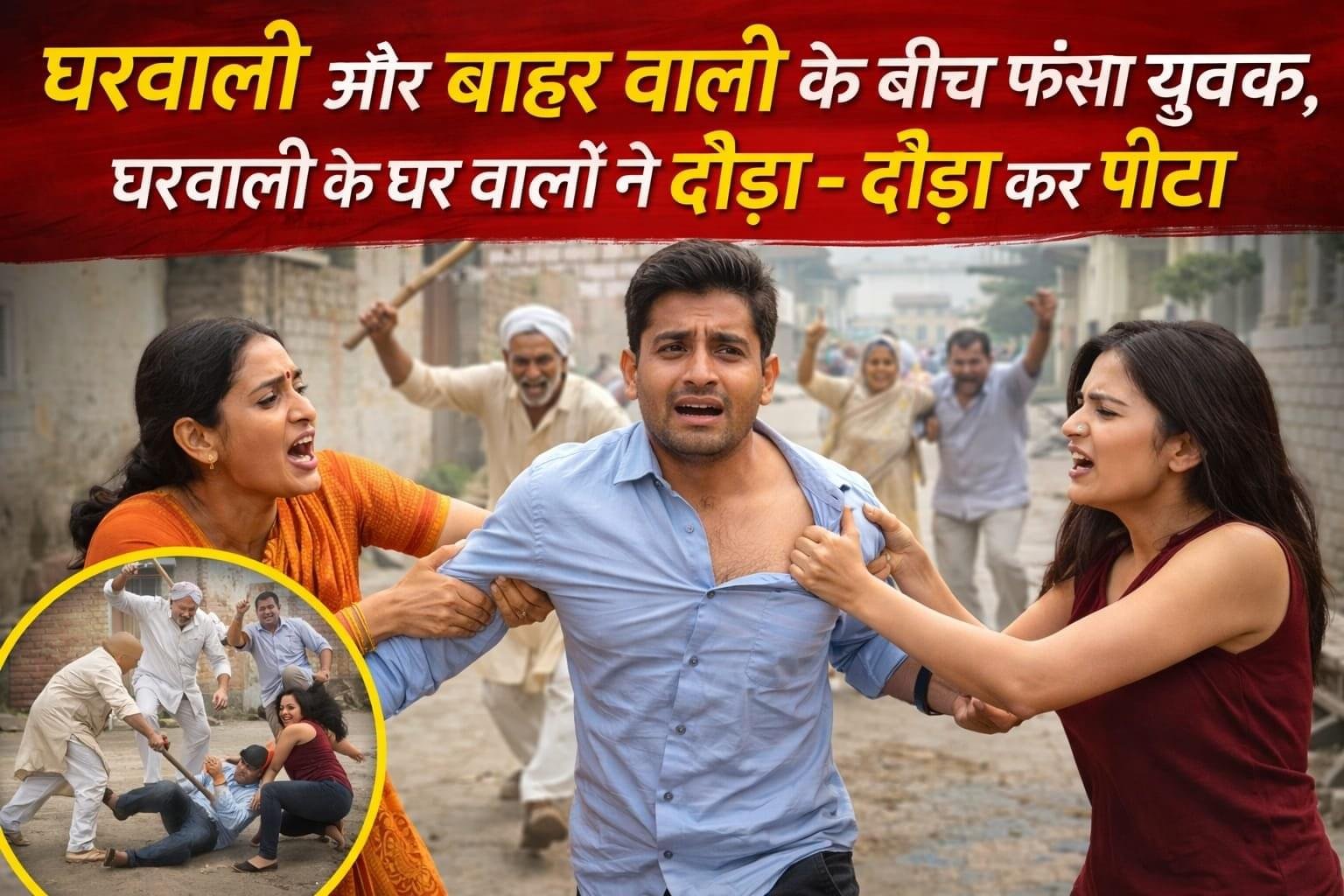 घरवाली को छोड़कर बाहर वाली शादी शुदा के साथ रह रहा था युवक , घर वाली के घर वालों ने दौड़ा – दौड़ा कर पीटा..